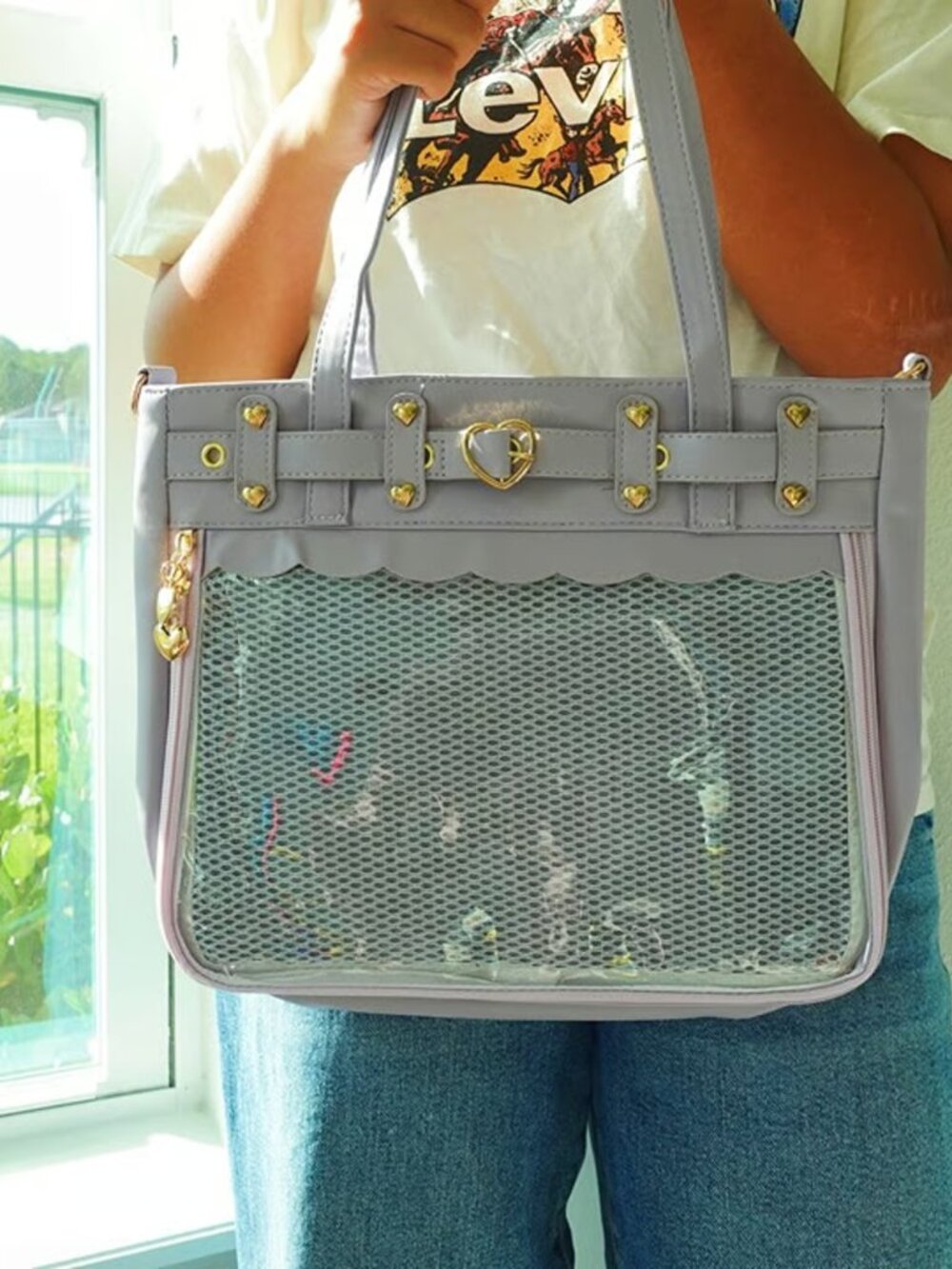 Lavender Ita Bag Tote Crossbody Pin Display Bag Kawaii Anime JK Heart Buckle